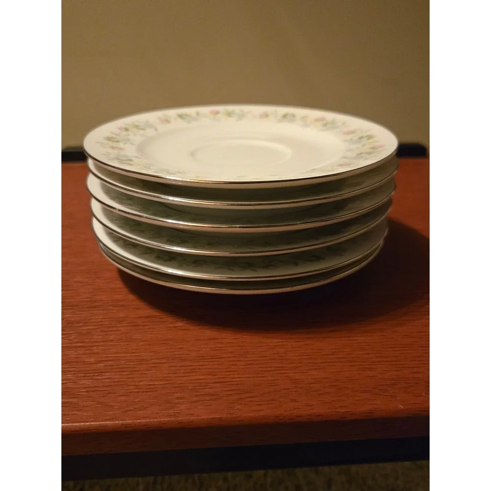 Johann Haviland Blue Garland Saucers Set of‎ 6 Bavaria Germany Silver Trim 6in.